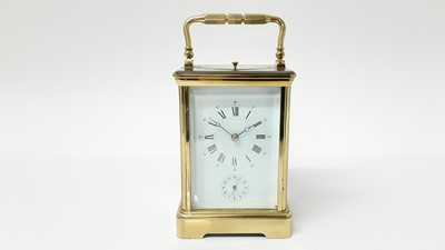 Lot 2545 - Brass carriage clock with alarm and repeat