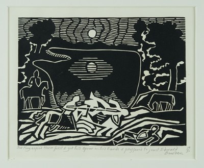 Lot 1132 - *Edward Bawden original linocut from Morte d'Arthur, signed and captioned, no 14/50