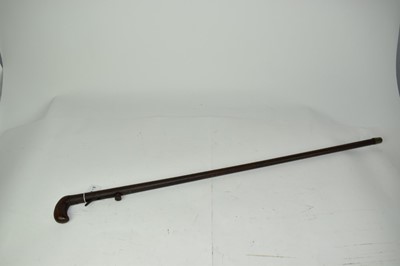 Lot 1002 - 19th century Day’s Patent 1823 percussion under-hammer walking stick gun with turn-off sighted barrel, walnut pistol handle and remains of Royal Arms patent plaque, 87.3cm overall length.