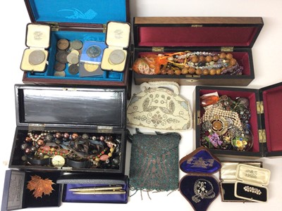 Lot 299 - Antique silver and paste set pendant and a collection of vintage costume jewellery to include a garnet bead necklace, amber pendant etc together with various jewellery boxes.