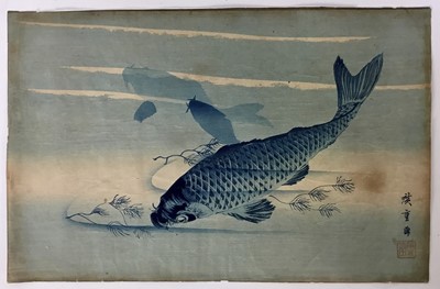 Lot 100 - Japanese woodblock print of carp, 36.5cm x 24cm unframed