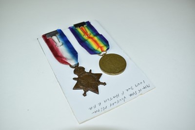 Lot 777 - First World War pair comprising 1914 - 15 Star and Victory medals named to 1007. DVR. F. Hatch. R.F.A.
