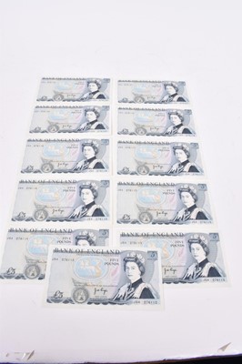 Lot 545 - G.B. - Blue and multicoloured series 'D' November 1971 Five Pound notes, cashier J.B. Page prefix J54 consecutively numbered 276112 to 276122 A. UNC (11 banknotes)