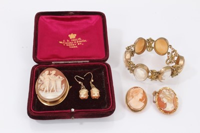 Lot 488 - Group of cameo jewellery to include three gold mounted brooches, earrings and an antique cameo bracelet in gilt metal mounts