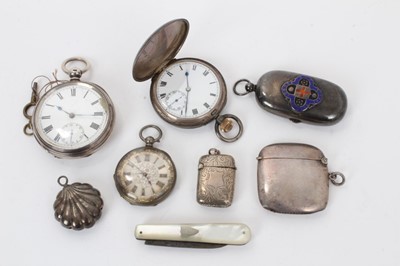 Lot 258 - Group of silver items to include three pocket watches, sovereign and half-sovereign holder, and other items