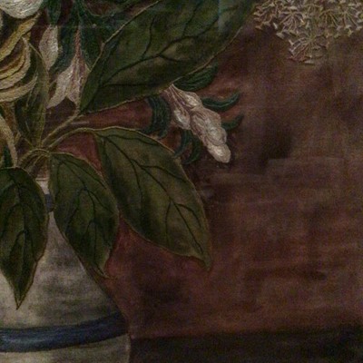 Lot 2126 - Large c1930 painted and embroidered velvet picture, framed and glazed.