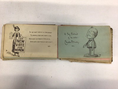 Lot 1488 - Edwardian autograph album, pen and ink drawings including Suffragette, Military, humour, verses etc, 1953 Coronation programme and tin plus A Summer Affair Frank Sinatra program