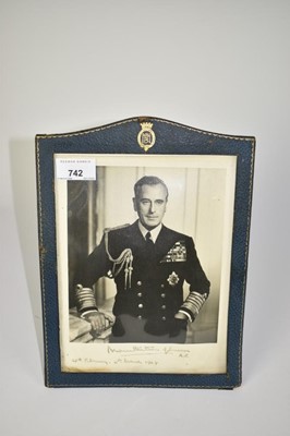 Lot 742 - Lord Louis Mountbatten of Burma, signed and dated presentation photograph- 'Mountbatten of Burma A.F.' 25th February 1th March 1969, in original blue leather presentation frame by Jarrolds of Knigh...