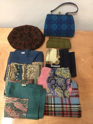 Lot 2128 - Vintage Welsh tapestry handbag, purse and hat, plus a quantity of scarves including two Liberty and other silk and some gloves.