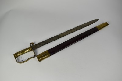 Lot 912 - Victorian 1856 Pattern pioneer sword with brass hilt, saw back blade by Wilkinson Sword in original brass mounted leather scabbard 72 cm overall