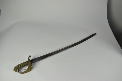 Lot 914 - Late Georgian Naval Officers sword with regulation gilt brass Gothic hilt with lions head pommel and pipe back blade 85 cm overall