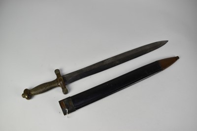 Lot 915 - 19th century French gladius-type sidearm with brass hilt, leaf shaped blade by Talabot Paris in brass mounted leather scabbard