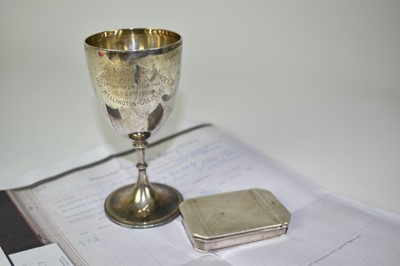 Lot 747 - Edwardian silver goblet with engraved military presentation inscription 'Sidney Arthur Grimwade, 2nd Prize for 1/4 mile flat race, July 28th 1908, Wellington College' (Sheffield 1907), maker James...