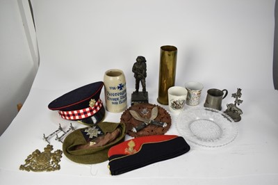 Lot 749 - First World War Imperial German Stein, together with brass shell case, military caps and other items.