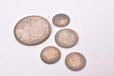 Lot 569 - G.B. - Mixed silver coins to include Victoria JH Crown 1887 toned A.UNC, Shilling 1887 toned A.UNC and Six Pences Victoria OH 1901 x 3 toned UNC (5 coins)