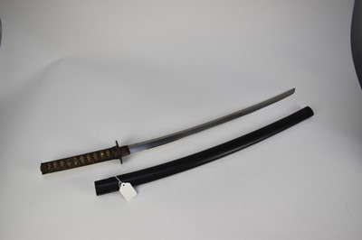 Lot 917 - Antique Japanese Katana sword with signed tang, curved blade, civilian mounts with iron tuba, in lacquered wooden sheath. The blade 65.5 cm long, 86.5 cm overall.
