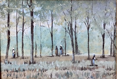 Lot 99 - After Corot, gouache study - figures in forest inscribed in pencil verso