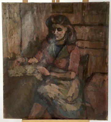 Lot 89 - Modern British oil on canvas - seated woman, 41cm x 46cm unframed
