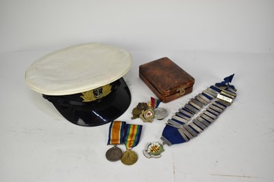 Lot 800 - First World War pair comprising War and Victory medals named to 62266 PTE. A. Snow. R. Fus. together with Red Cross and British Legion badges, a silver and enamel chain of office and a naval cap.