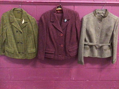 Lot 2130 - Ladies' 1960's tweed and country wear, four skirt suits, red check dress, makes include Jonelle and Eastex.  Plus West Riding blue tweed coat.