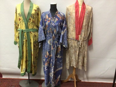 Lot 2132 - Vintage yellow and green brocade house coat/dressing gown. 1960's Japanese Kimono and a light weight silk dressing gown.