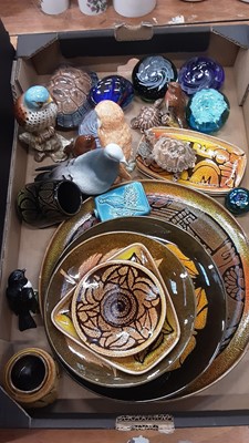 Lot 1355 - Eleven pieces of Poole Aegean including large charger, plates, dishes and vases together with Beswick items and glass paperweights (qty)