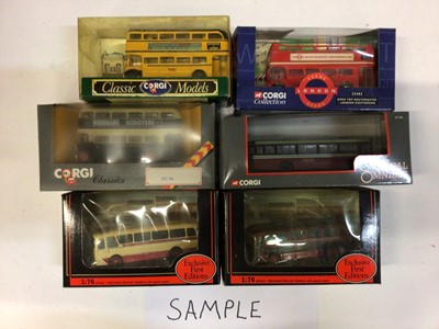 Lot 1898 - Two boxes of various manufacturers bus and tram models, including EFE and Corgi