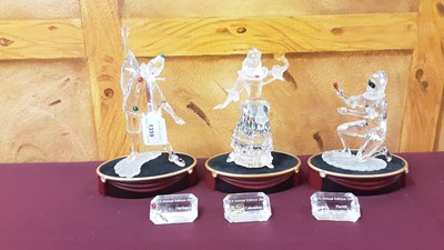 Lot 1359 - Three Swarovski crystal Annual Edition Masquerade figures - Pierrot 1999, Columbine 2000 and Harlequin 2001, all boxed