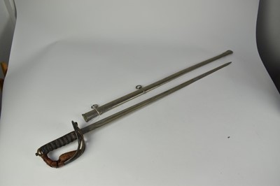 Lot 928 - Good quality George V Rifle Officers sword with silver plated Gothic hilt,original knot, etched blade in nickel plated scabbard and secondary black leather field service scabbard