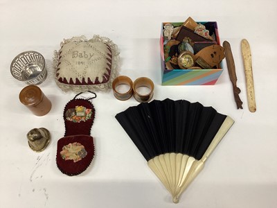 Lot 2636 - Box of Victorian and later sewing items including silver pierced bowl