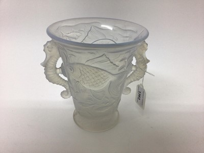 Lot 1363 - Art Deco Baralac opalescent glass two handled vase with fish and seahorse decoration, signed, 17.5cm high