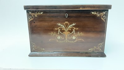 Lot 2587 - Good quality late Victorian inlaid rosewood stationery box with fitted interior together with a late 19th Indian ebony and bone desk stand (2)