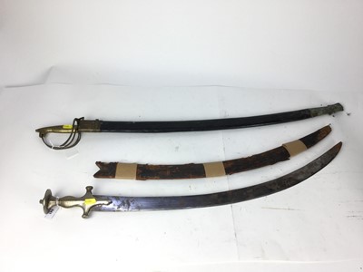 Lot 941 - Old Indian Tulwar with plated hilt and curved blade in sheath and a modern Indian sword (2)