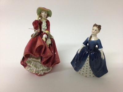 Lot 1366 - Rare Royal Doulton figure - Dainty May reg no 793086, together with two other figures - Top o' the Hill HN1937 and Debbie HN2385, four Coalport Minuettes and a rare W H Goss figure of Daisy
