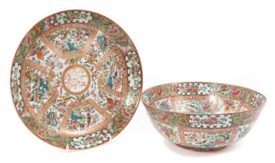 Lot 7 - A 19th century Chinese Canton famille rose porcelain bowl and dish for the Arabic market, the centre of each piece with a roundel containing Arabic script