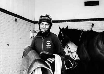 Lot 29 - Jayne Odell black and white photographic print, 'Saddle off', 80cm x 57cm