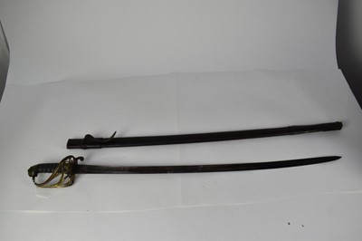 Lot 943 - Victorian 1845 Pattern Infantry Officers sword with brass Gothic hilt , fullered blade in leather field service scabbard