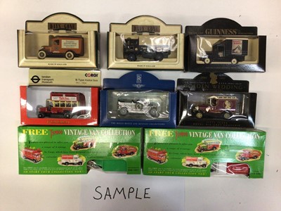 Lot 1950 - Boxed selection of cars, buses and tractors various manufacturers Lledo, Britains, Maisto etc (2 boxes)
