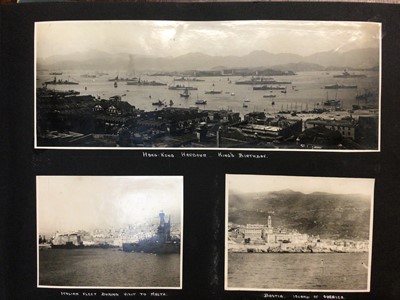 Lot 1502 - H. M. Aircraft Carrier "Hermes" 1920's photograph album fully written up with places and activities in China, Hongkong and other places. Photographs include views from the ship, Elephants in Colomb...