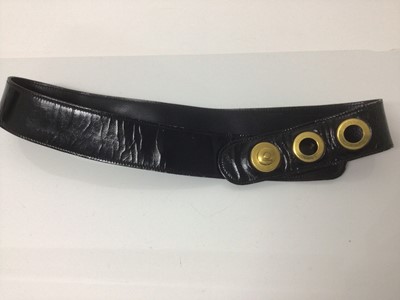 Lot 2140 - Vintage Hermes black patent leather belt.  Hermes stamped on metalware.  Plus a light tan suede belt by Timerland, medium.