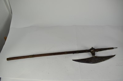 Lot 957 - 19th century Northern Indian fighting axe with wooden shaft and brass and hide bound mounts 90 cm