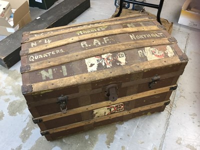 Lot 856 - RAF interest- vintage wood bound canvas trunk, with painted naming 'W.O. T. J. Pearce No. 4 Married, No. 1 Quarters, R.A.F. Northolt'