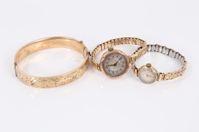 Lot 362 - Two vintage 9ct gold cased wristwatches and a gold plated bangle