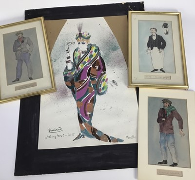 Lot 124 - Thomas Rowell (1920-1999) watercolour - Bluebeard, Wedding Guest - Act III, signed, 51 x 34cm, together with three further theatre costume designs, two framed