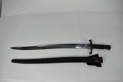 Lot 974 - British 1856 Pattern Enfield sabre bayonet with yatagang blade and steel mounted leather scabbard