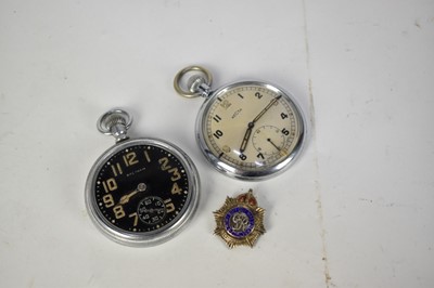 Lot 763 - Second World War Recta open faced pocket watch in chromium plated case, rear of case marked with broad arrow mark and G.S.T.P. T21551, together with another military pocket watch and a silver and...