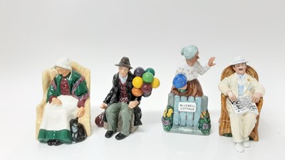 Lot 1387 - Four Royal Doulton figures - The Balloon Man HN1954, Thank You HN2732, Forty Winks HN1974 and Taking Things Easy HN2680