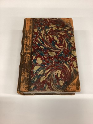 Lot 2554 - Antique pamphlets box in the form of a book with leather spine and marbled paper covers.