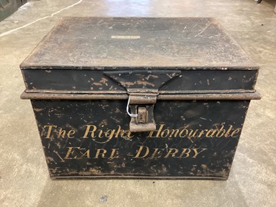 Lot 2556 - 19th century japanned tin document box with painted naming to front 'The Right Honourable Earl Derby'