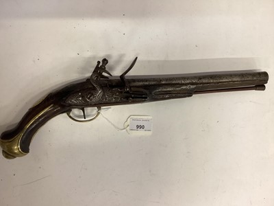 Lot 990 - 19th century Turkish flintlock holster pistol with brass mounts 43cm